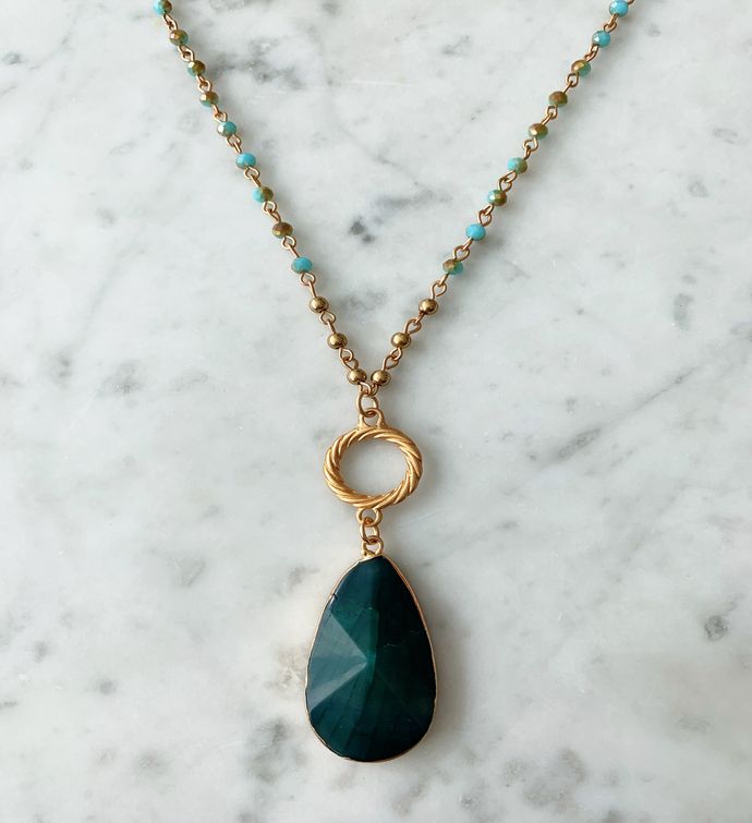 Green Crystal Layered Necklace With Natural Stone Emerald Drop
